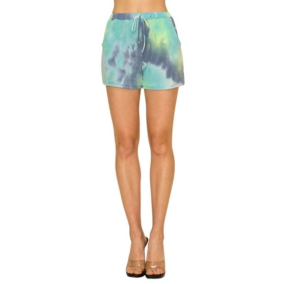 Blue Green Multicolor Tie Dye Summer Elastic Waist String Sweat Shorts Small NWT - Picture 1 of 12